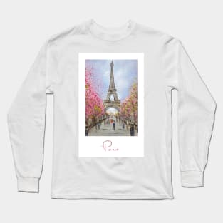 Painting of the Eiffel Tower in Paris in spring with cherry blossoms Long Sleeve T-Shirt